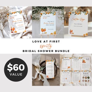 Liebe auf den ersten Spritz Brautparty Bündel, Aperol Spritz Brautpartyspiele, Orange Zitrus Einladung, Willkommensschild, einstellbare Zeichen Set SP1