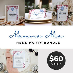 May include: A printable bundle of digital files for a Mamma Mia themed hens party. The bundle includes a menu, a sign, a place card, and a hen party invitation. The design features pink flowers, blue disco balls, and white text.