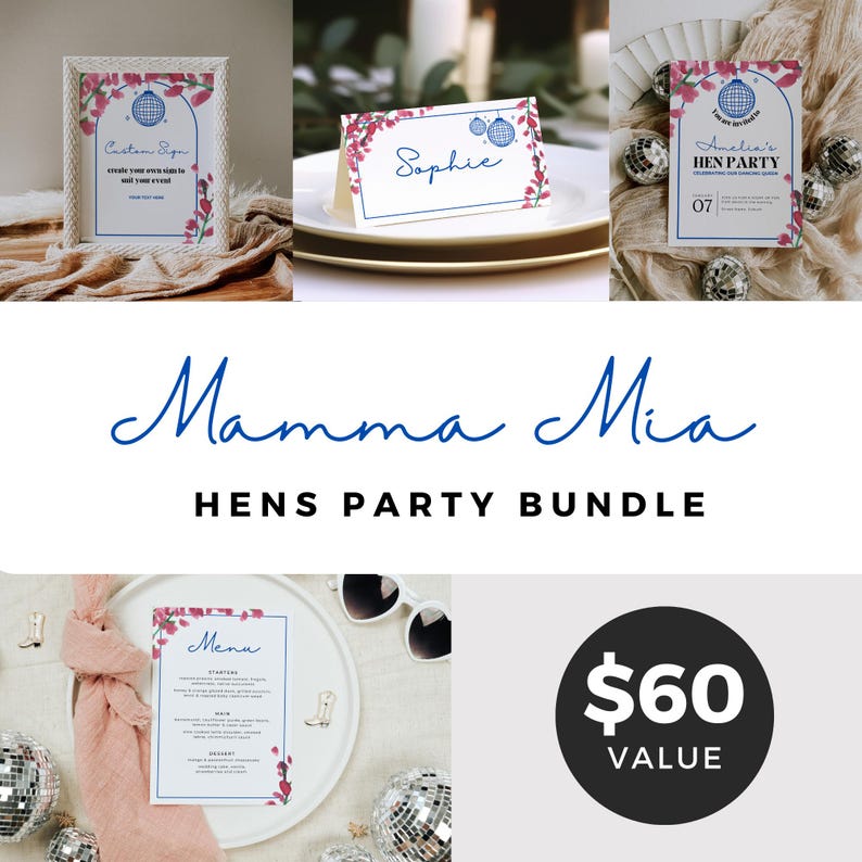 May include: A printable bundle of digital files for a Mamma Mia themed hens party. The bundle includes a menu, a sign, a place card, and a hen party invitation. The design features pink flowers, blue disco balls, and white text.