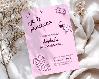 PJs and Prosecco Bridal Shower Invitation, Girls Night Pamper Party Invite Printable, Digital Download, Canva Template - PJ1