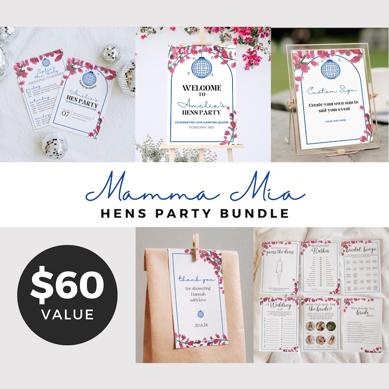 May include: A printable hens party bundle with a Mamma Mia theme. The bundle includes a welcome sign, a custom sign, a thank you tag, and several games. The design features pink flowers and a disco ball.