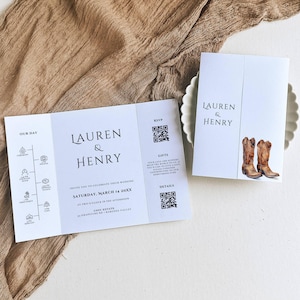 Invitación de boda plegable con diseño de botas de vaquero, Canva, invitación de boda plegable con diseño de country western, código QR, cronología del día de la boda imprimible - CB1