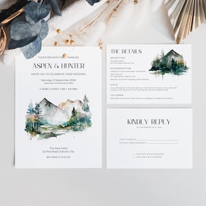 Hochzeitseinladung in den Bergen, rustikale Natureinladung zum Drucken, Kiefernwaldwald, Aquarell, Antwortkartendetails - MO1
