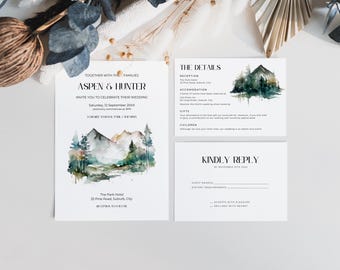 Mountain Wedding Invitation Suite Canva, Rustic Nature Invite Set Printable, Pine Woodland Forest, Watercolour, RSVP Details - MO1
