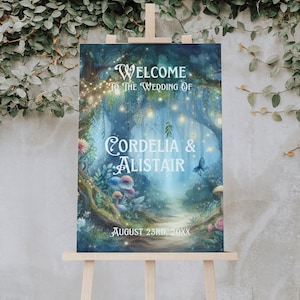 Enchanted forest wedding welcome sign template, fairytale fantasy woodland, welcome to our wedding, magical garden poster board blue- EF1