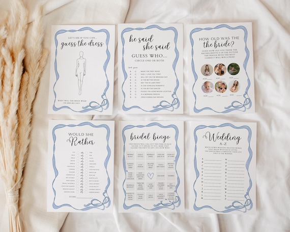 Shes tying the knot bridal shower games bundle, something blue before I do games, blue bow ribbon border, printable activity, TY1 BW1
