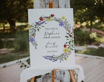 Panneau de bienvenue pour la douche nuptiale fraîchement sorti du marché, affiche du marché de producteurs modifiable, couronne de fruits floraux, modèle de panneau de bienvenue imprimable - FM3