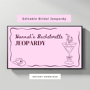 Könnte beinhalten: Ein rosa digitaler Bildschirm mit dem Text "Hannah's Bachelorette Jeopardy" in einer dekorativen Schriftart. Das Design umfasst einen Cowboyhut, ein Martiniglas mit Stiefeln und die Wörter "Sofortiger Download" und "Bearbeitbares Braut-Jeopardy".