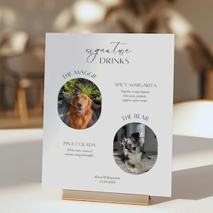 Könnte beinhalten: Weiße Karte mit schwarzem Text und Fotos von Hunden. Der Text lautet "Signature Drinks", "The Maggie", "Spicy Margarita", "The Bear", "Pina Colada", "Alicia & Benjamin", "12.09.20XX".
