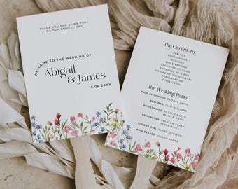Program Fans Wedding Wildflower, Printable Outdoor Ceremony Wedding Fan For Guests, Elegant Floral Summer Hand Fan, Canva Template - WC1