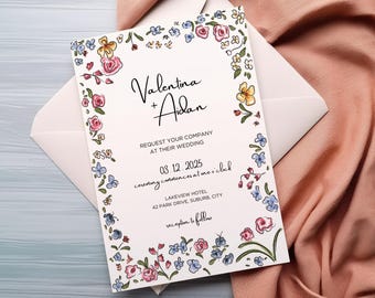 Watercolour wildflower wedding invitation, hand drawn floral wedding invite template, meadow flower, printable, scribble, handwritten - HD3