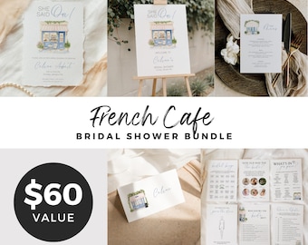 French Cafe Bridal Shower Bundle, Paris Theme Bridal Shower Games, She Said Oui, Editable Invitation, Printable Signage, Canva Template