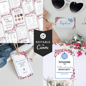 May include: Printable party decorations for a hen party with a disco theme. The decorations feature pink flowers, a disco ball, and the text "Welcome to Amelia's Hens Party".