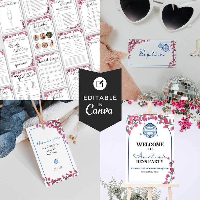 May include: Printable party decorations for a hen party with a disco theme. The decorations feature pink flowers, a disco ball, and the text "Welcome to Amelia's Hens Party".