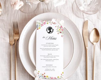 English Society Food Menu Template, Regency Era Dinner Menu Editable, Printable Bridal Shower Table Card, Victorian Vintage Floral 4x9 - BR1