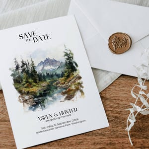 Modello Save The Date del Parco Nazionale North Cascades, Invito Rustico di Montagna Stampabile, Invito Foresta Boscosa, Matrimonio Avventura - NP1
