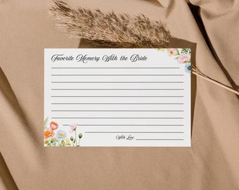 Favorite Memory With Bride Card, Printable Bridal Shower Games, Floral Wedding Shower Activities Editable, Bachelorette Hens Template
