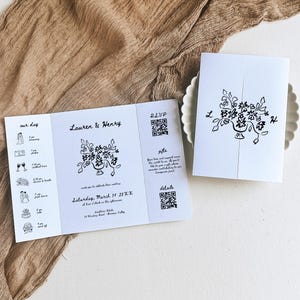 Convite de casamento dobrável com rabiscos desenhados à mão Canva, convite de casamento dobrado em estilo francês, código QR, modelo para impressão de linha do tempo -HD1