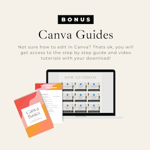 May include: A laptop computer screen displaying a Canva guide with the text "How to Videos".  The laptop is on a beige background with two orange and pink printable guides titled "Canva Basics" and "Two Sisters Templates".