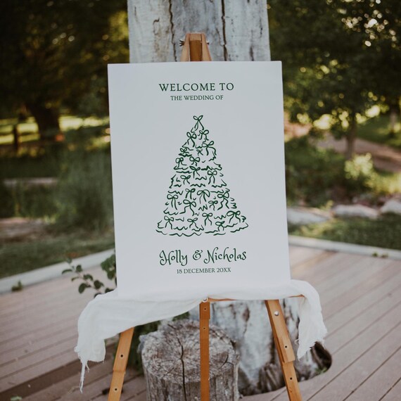 クリスマス ウェディング ウェルカム サイン テンプレート、手描きの