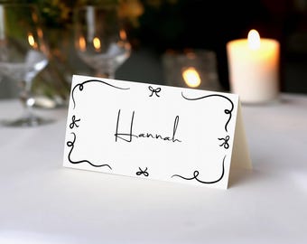 Ribbon bow border seating place card, colourful hand drawn wedding guest name cards, whimsical illustration name tag, funky trendy - HD1