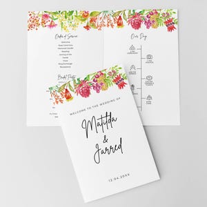 May include: Wedding program with a floral design featuring red, pink, and yellow flowers. The program includes the order of ceremony, our day, and a welcome to the wedding of Matilda & Jarred, 12.04.20XX.