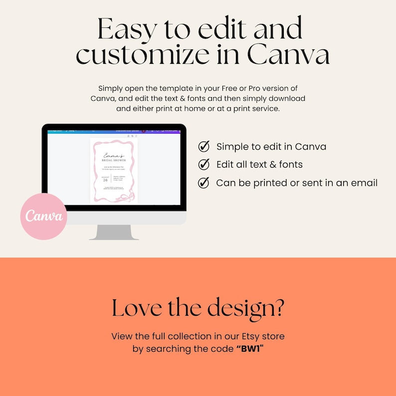 Op de afbeelding: Een roze en witte afdrukbare bruidsdouche-uitnodigingstemplate die op een computerscherm wordt weergegeven. De template is aanpasbaar in Canva en bevat de tekst "Emma's Bridal Shower". De tekst "Eenvoudig te bewerken en aan te passen in Canva" wordt boven het computerscherm weergegeven. De tekst "Vind je het ontwerp leuk? Bekijk de volledige collectie in onze Etsy-winkel door te zoeken naar de code "BWI"" wordt onder het computerscherm weergegeven.