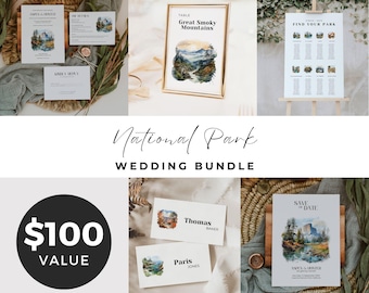 National Park Wedding Template Bundle, Mountain Wedding Stationery Kit Printable, Outdoor Rustic Signage Pack, Instant Download Editable NP1