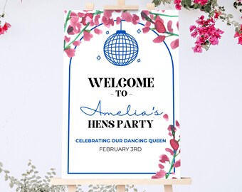 Mamma mia hens party welcome sign template, dancing queen editable poster, last disco printable board, disco ball, portrait, greece - MM01