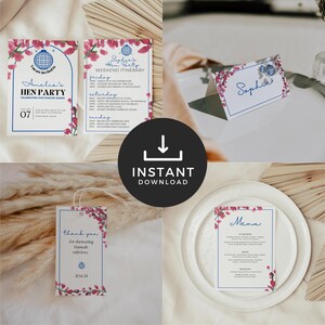 May include: A set of printable digital files for a hen party. The files include a weekend itinerary, a menu, a place card, and a thank you tag. The design features a watercolor floral pattern with pink flowers and blue accents.