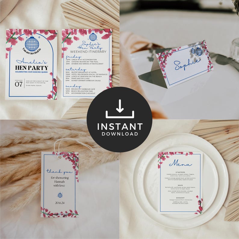 May include: A set of printable digital files for a hen party. The files include a weekend itinerary, a menu, a place card, and a thank you tag. The design features a watercolor floral pattern with pink flowers and blue accents.