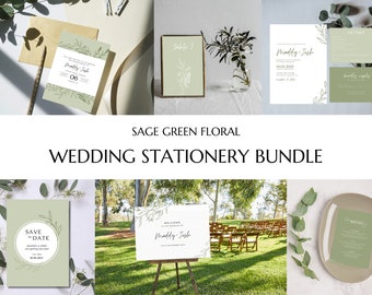 Sage green boho wedding bundle editable, greenery wedding invitation suite template, Floral wreath printable, save the date wishing well