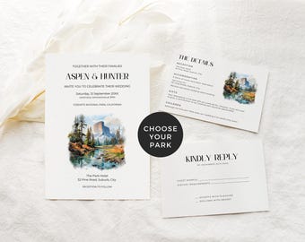 National Park Wedding Invitation Suite, Rustic Mountain Invite Set Printable, Woodland Forest, Adventure Wedding, Canva Template- NP1