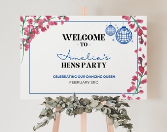 Mamma mia hens party welcome sign template, dancing queen editable poster, last disco printable board, pink floral, landscape, greece - MM01