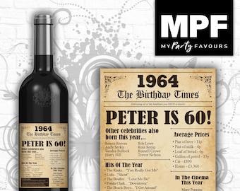 Personalised 1964 60th Birthday Wine/Gin/Vodka Bottle Label - Newspaper