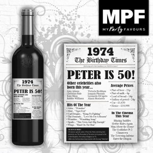 Personalised 1974 50th Birthday Wine/Gin/Vodka Bottle Label - Newspaper