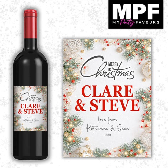 Christmas Wine Label Sticker Personalised Bottle Gift Family Secret Santa xmas work - MPF