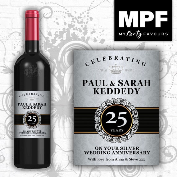 Personalised 25th Silver Wedding Anniversary Wine Bottle Label - 25 Years