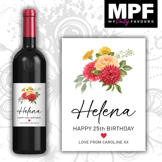 Personalised Birthday Wine Bottle Label - Blue Floral Flowers - Any Name & Age