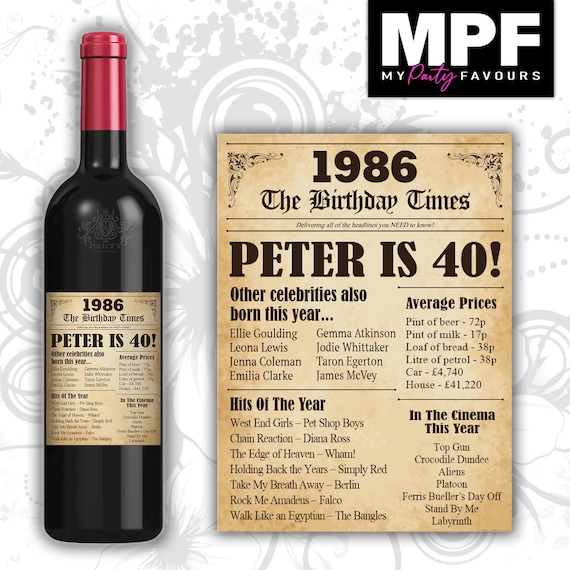 Personalised 1986 40th Birthday Wine Gin Vodka Bottle Label - Newspaper - Party 40