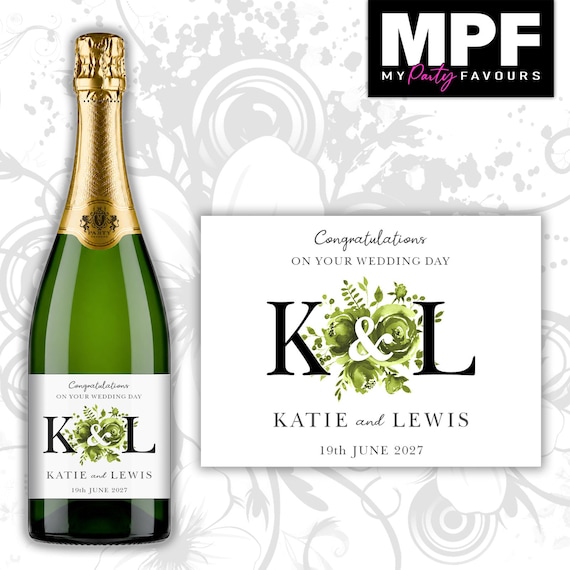 Personalised Wedding Champagne Prosecco Bottle Label - 5 colour options - black letters