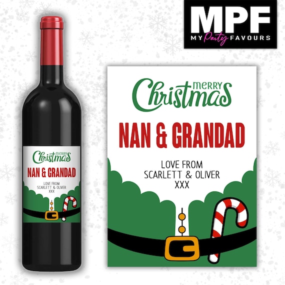 Christmas Wine Label Sticker Personalised Bottle Gift Family Secret Santa xmas work - MPF