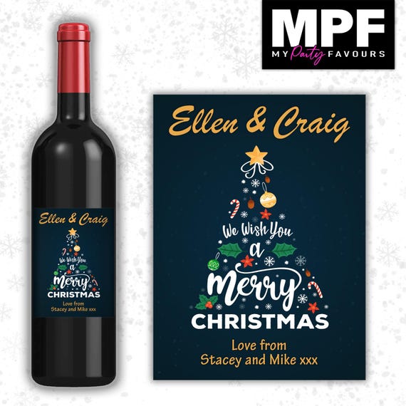 Christmas Wine Label Sticker Personalised Bottle Gift Family Secret Santa xmas work - MPF