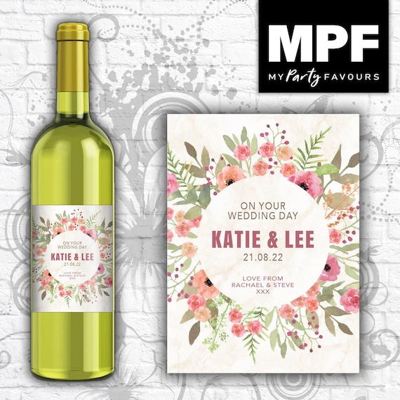Personalised Wedding Wine/Champagne/Prosecco Bottle Label - Pastel - Any Names & Message