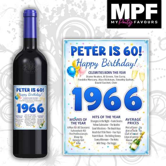 Personalised 1966 60th Birthday Wine Gin Vodka Bottle Label - Pink or Blue - Party 60