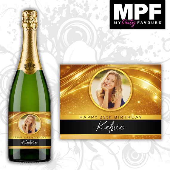 Personalised Photo Birthday Champagne Bottle Label - Gold - Any Name & Age