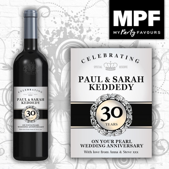 Personalised 30th Pearl Wedding Anniversary Wine Bottle Label - 30 Years