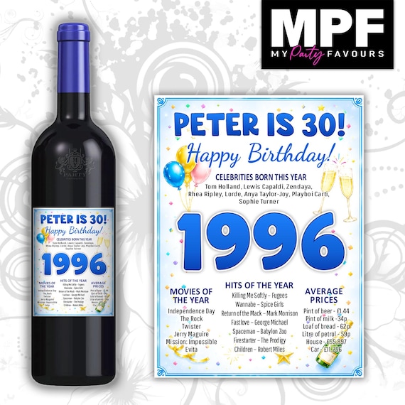Personalised 1996 30th Birthday Wine Gin Vodka Bottle Label - Pink or Blue - Party 30