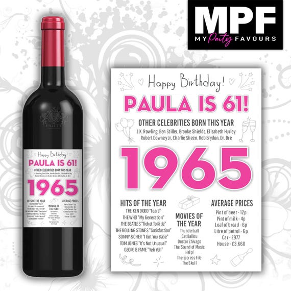 Personalised 1965 61st Birthday Wine Gin Vodka Bottle Label - Pink or Blue - Party 61