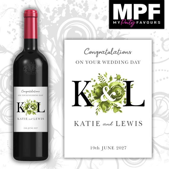 Personalised Wedding Wine Bottle Label - 5 colour options - black letters